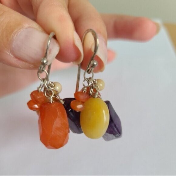 Vintage 80s Boho Barse Sterling Silver Amethyst Gemstone Beaded Dangle Earrings - Picture 5 of 10